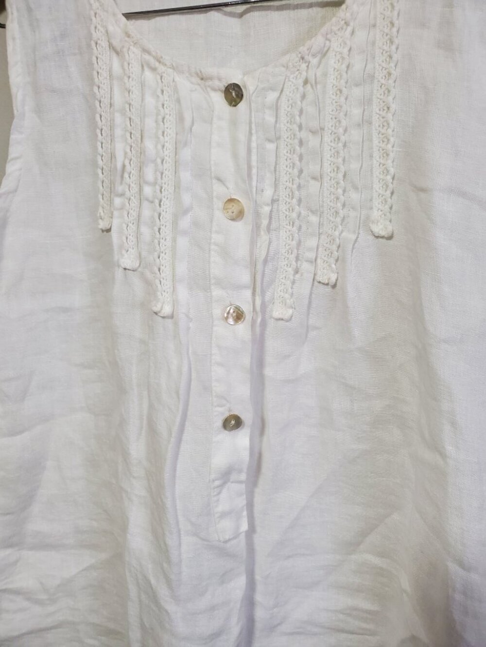 LUNGO L'ARNO 100% Linen Sleeveless Tunic Top White Medium Henley Summer Beach - Picture 4 of 13